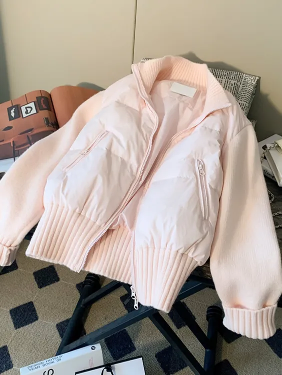 小个子立领针织拼接宽松棉服棉袄女装2025冬季粉色短款减龄外套