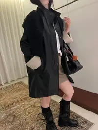 2567-3952 黑色韩版洋气中长款风衣外套