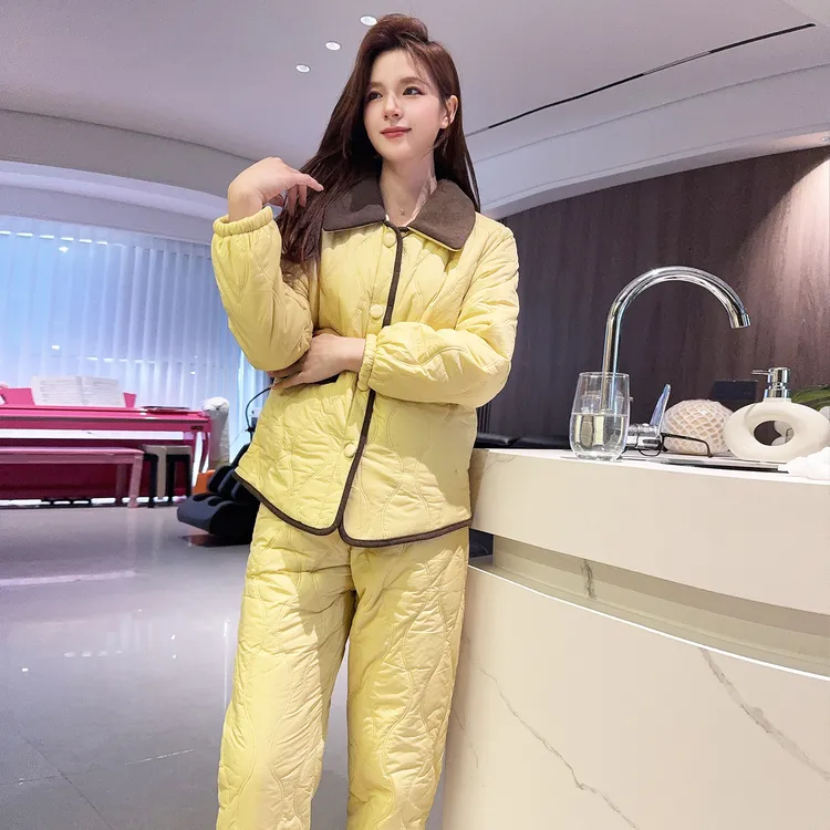 睡衣女冬季2025新款三层夹棉袄纽扣防水简约风加绒家居服可外穿