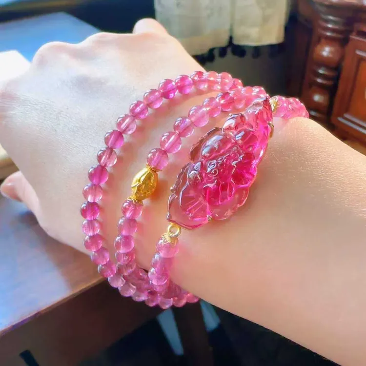 天然真品全色红碧玺手串三圈4.8mm23.7g正品碧玺手链多圈女饰品