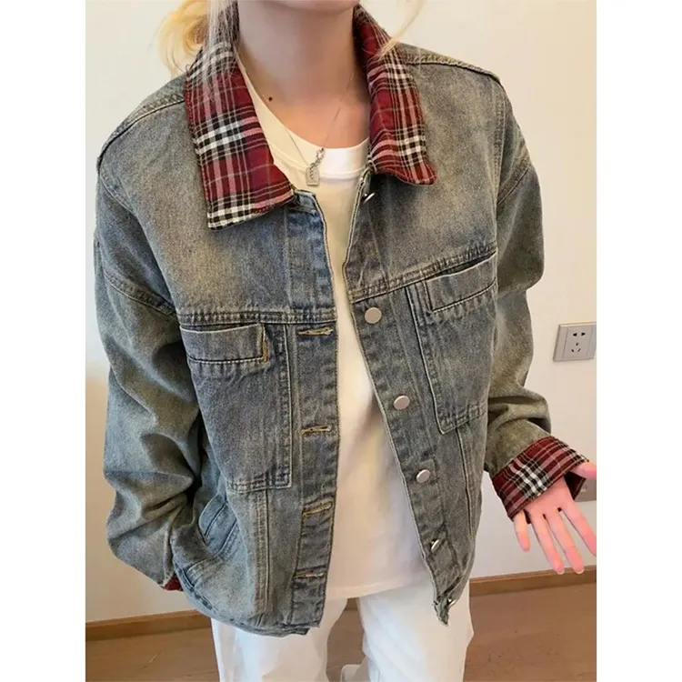 美式cleanfit格纹假两件牛仔夹克男秋季翻领设计感牛仔衣水洗外套