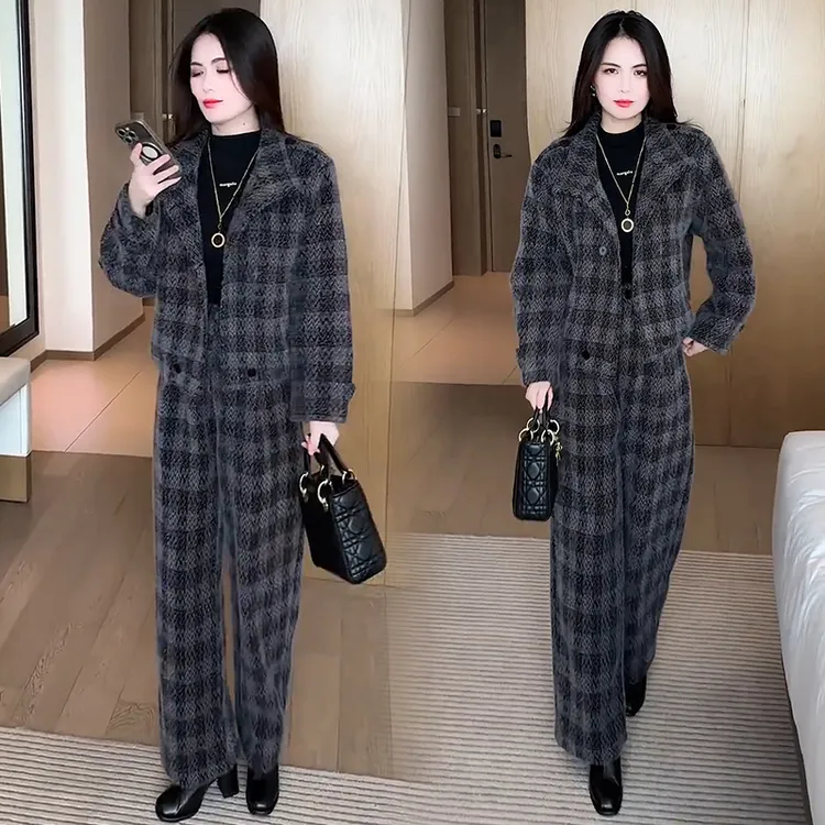 加厚时尚套装女秋冬新款洋气流行小香风格子短外套阔腿裤两件套潮