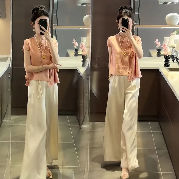 夏装搭配一整套2025新款国潮风高级感复古盘扣上衣阔腿裤两件套女