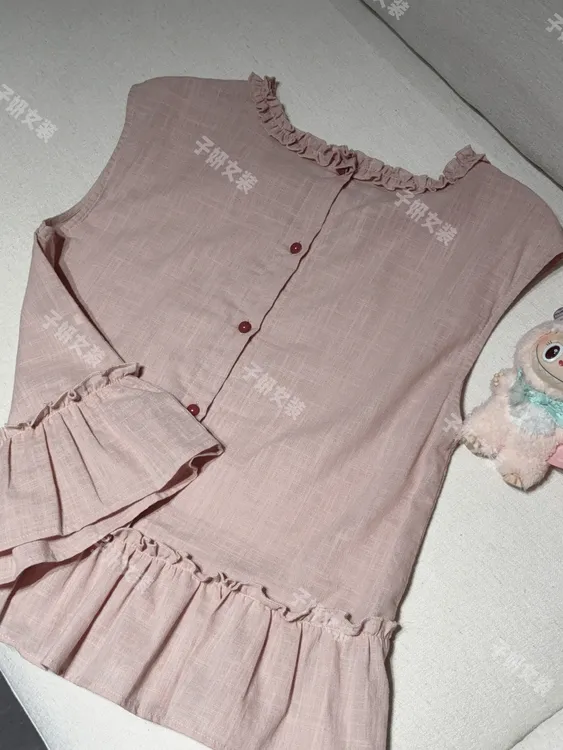 【运费补贴】040法式甜美粉色荷叶边领短袖衬衫女显瘦娃娃衫上衣