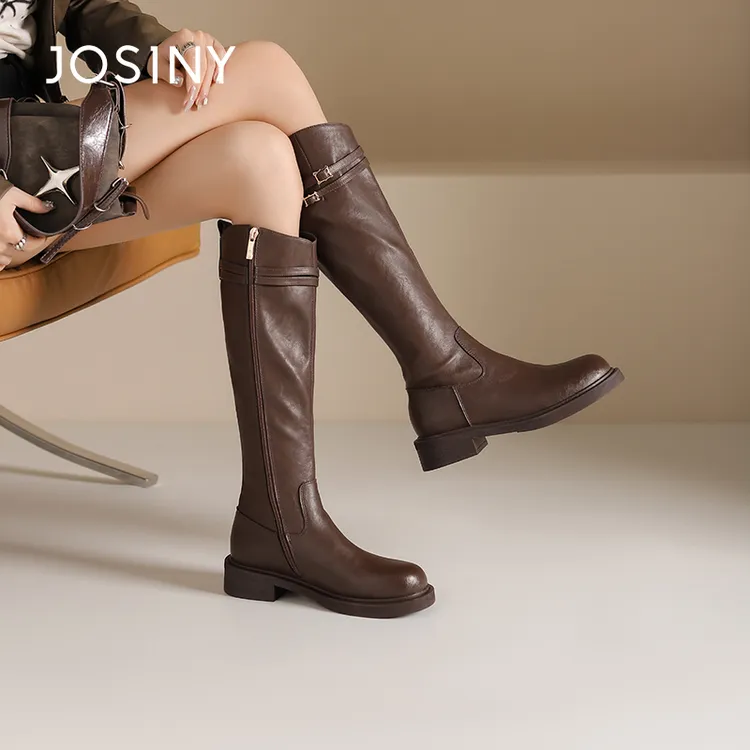 卓诗尼2025小个子增高长筒靴时尚粗跟优雅气质百搭显瘦纯色经典款