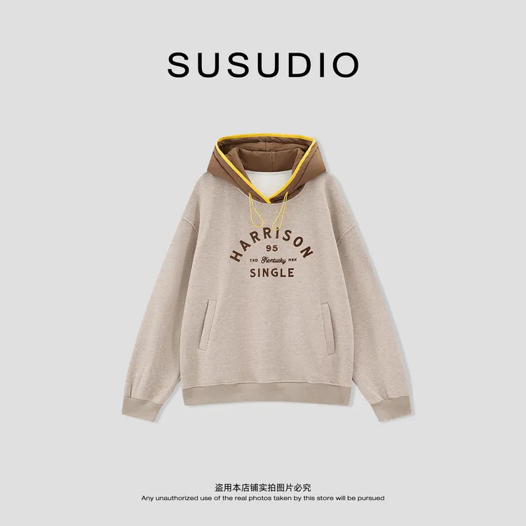 SUSUDIO 潮流撞色连帽字母抽绳长袖加婴儿绒套头卫衣 60051