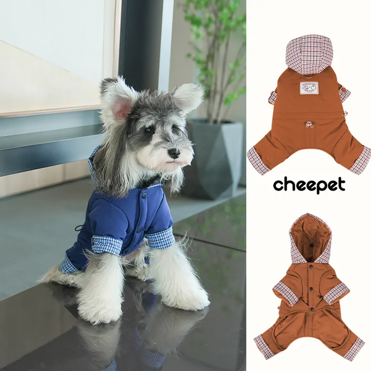 cheepet/趣派宠物秋冬连帽可牵引棉服小狗狗保暖格子翻脚四腿棉衣