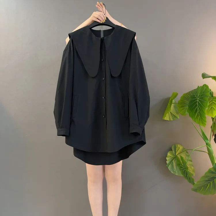 拼接娃娃领衬衫海军领宽松时尚洋气百搭开衫衬衫上衣