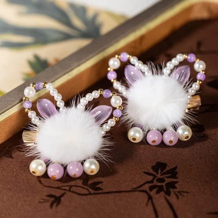 古风汉服头饰毛球发夹汉元素超仙紫色珍珠兔耳朵发饰可爱儿童对夹