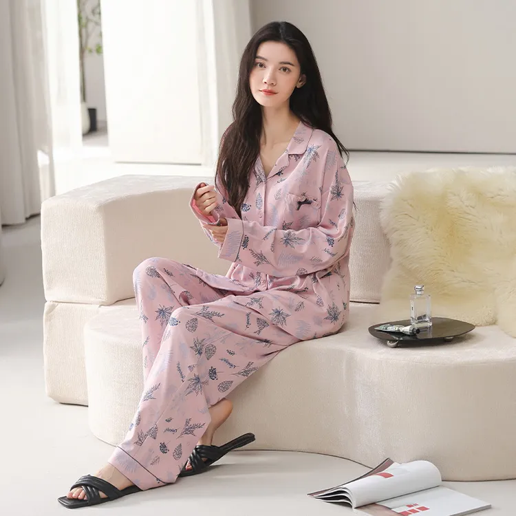 纯棉睡衣女春秋款100%全棉家居服套装可外穿