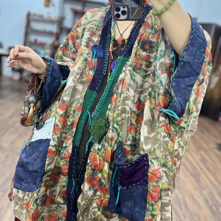 SX新中式苎麻手工贴布刺绣拼接V领两面穿汉服秋季新个性酷飒道袍