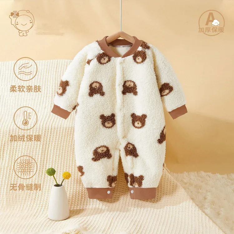 婴儿连体衣秋冬款加绒保暖宝宝长袖加厚外出哈衣爬爬服新生儿衣服