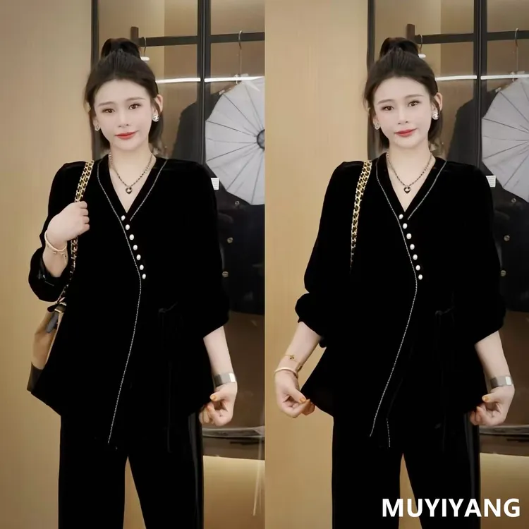 【玖茉】独特设计感交叉丝绒不规则高定版小衫 衣长72 25-391#