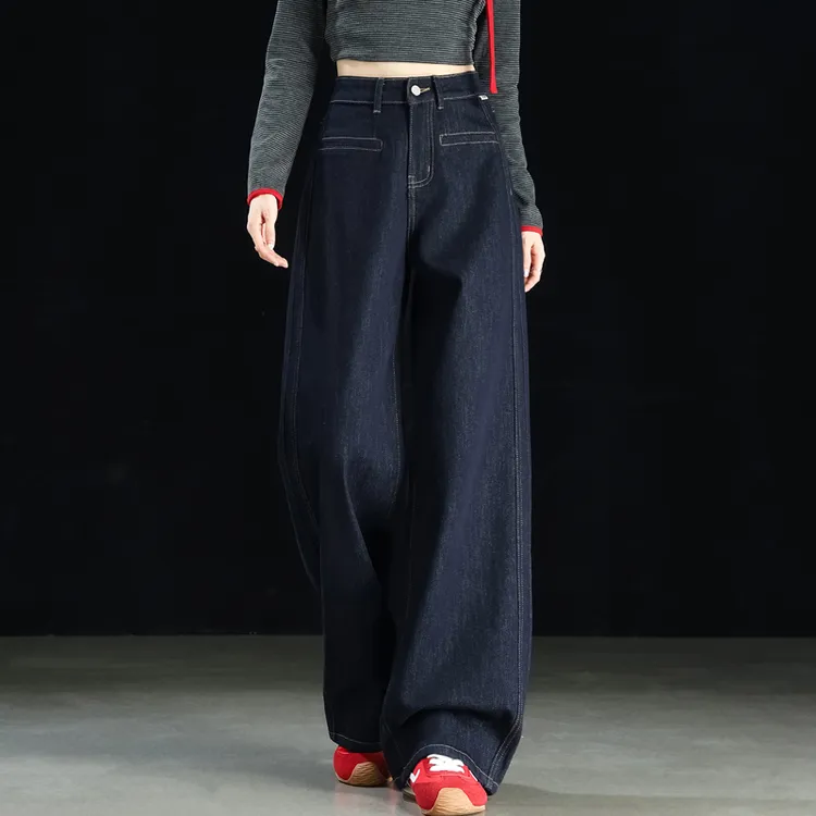 不掉色牛仔裤阔腿宽松窄版直筒裤女2025新款秋冬加绒显瘦拖地长裤
