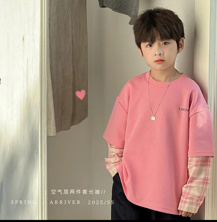 男童假两件卫衣春秋款2025新款男孩韩范粉色格子儿童上衣休闲洋气