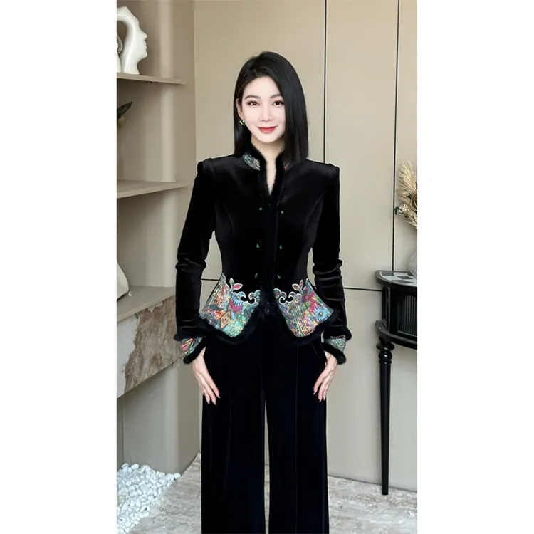 格娜秋冬时尚套装黑色显瘦秋冬高定唐装修身秋季复古中式国风套装