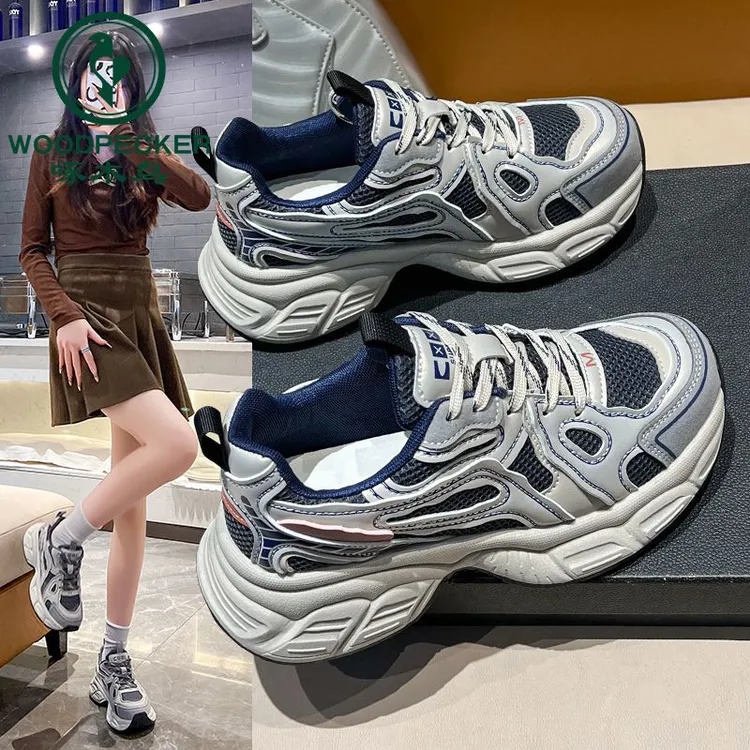 啄木鸟老爹鞋女ins网红时尚春季新款百搭透气网面学生厚底运动鞋