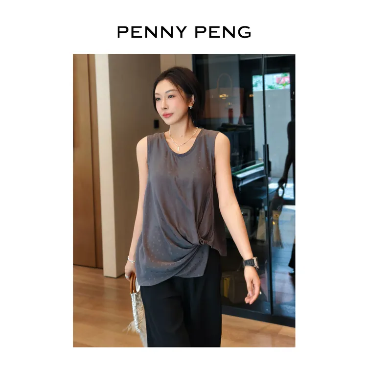 PENNYPENG法式内核100桑蚕丝修身显瘦透气舒适灰色设计感圆领背心
