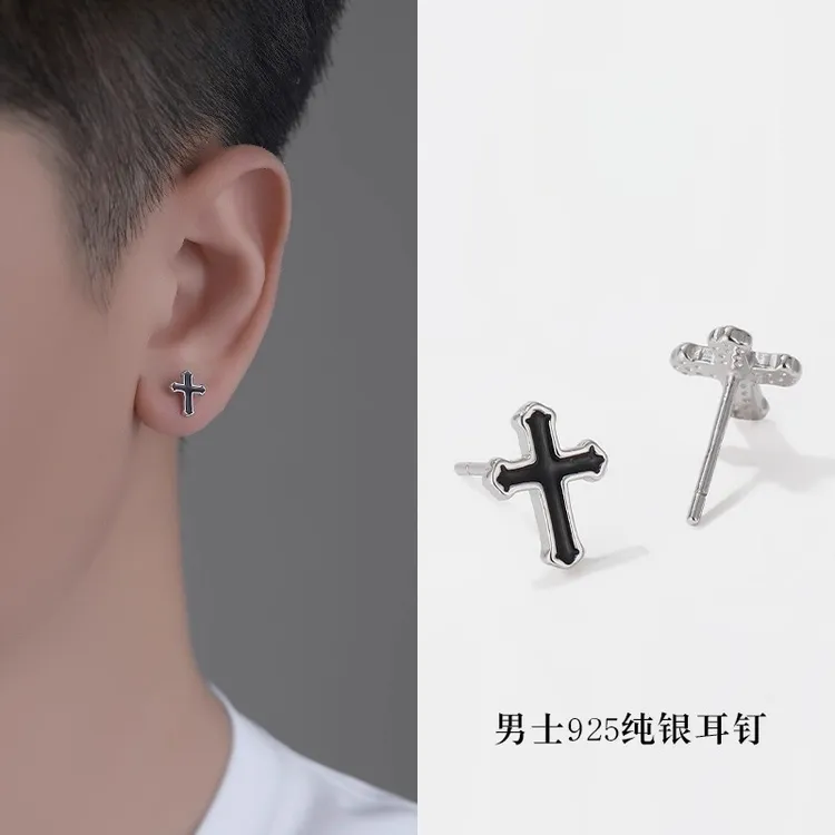 925银耳饰 男士耳钉黑色十字架耳环2025年爆款养耳洞单只痞帅耳饰
