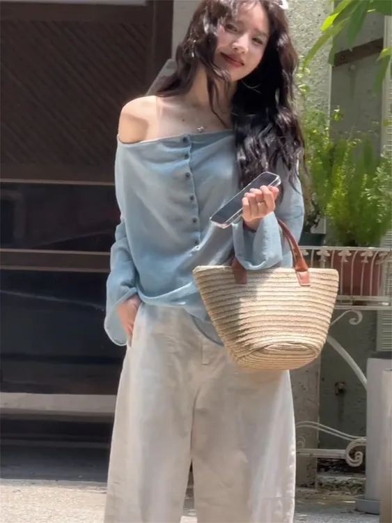 韩系慵懒感长袖宽松型针织秋季薄款毛针织衫女装小众纯色洋气上衣