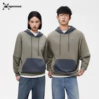 Xuperman假两件撞色连帽卫衣秋季新款复古潮牌宽松休闲情侣上衣