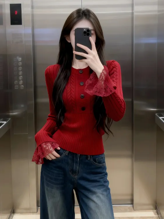 红色蕾丝拼接针织衫女秋冬修身收腰毛衣洋气内搭上衣高级感打底衫