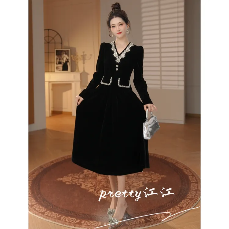 Pretty小众设计师品牌江江定制 方领拉链连衣裙名媛秋季女装61355
