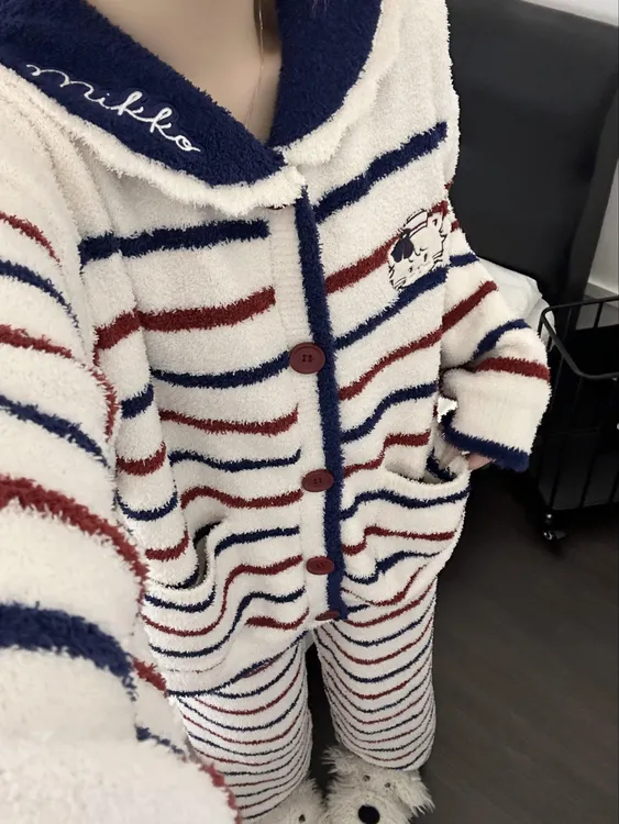 韩系卡通玛丽猫条纹针织半边绒睡衣女秋冬新款加厚保暖家居服套装