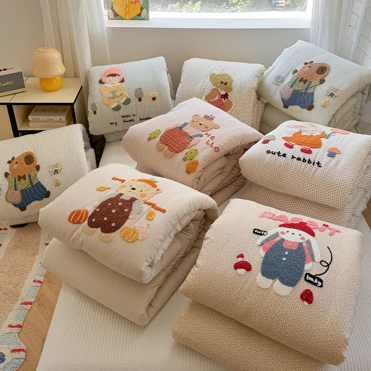 秋冬新款加厚单层纱棉被毛巾绣豆豆被加绒加厚被子被芯可机洗冬季