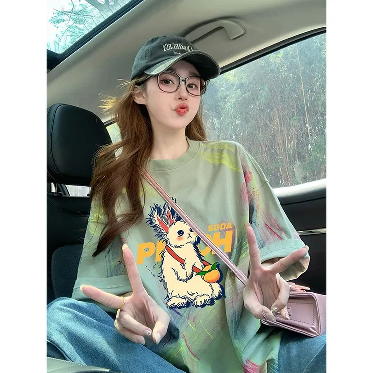 重磅纯棉扎染兔子印花短袖t恤女夏季2025新款设计感百搭休闲上衣