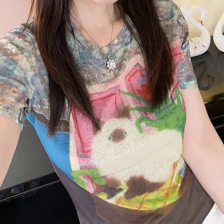壁画猫咪 法式圆领夏季休闲油画风印花透气短袖网纱复古T恤女1728