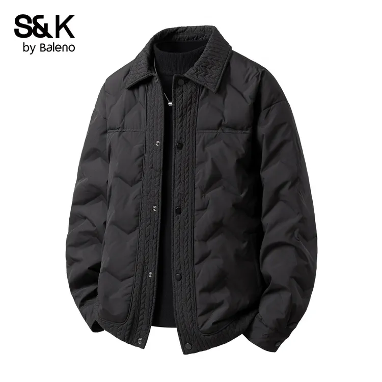班尼路黑色翻领羽绒服男款秋冬季纹理单排扣宽松保暖防风休闲外套