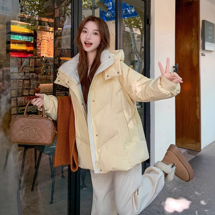 冬由记撞色大码羽绒服胖mm加肥加大宽松连帽加厚中长款鸭绒外套女