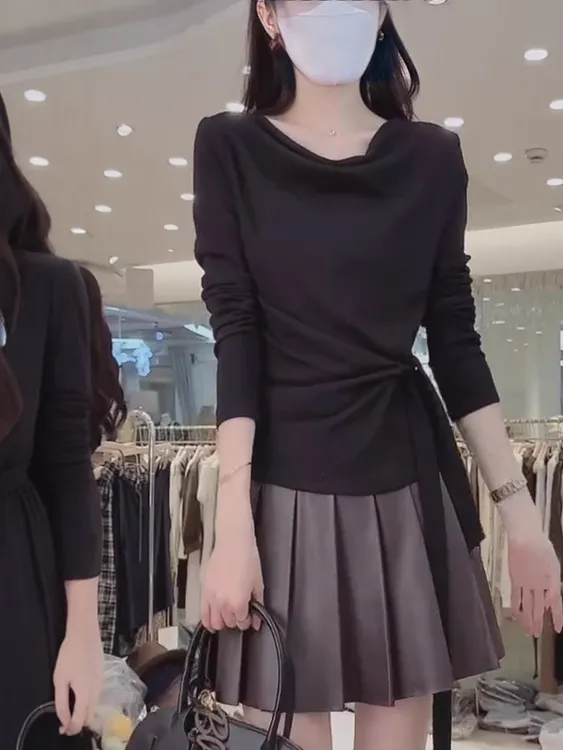 2025爆款修身型系带常规极简风长袖T恤秋冬ins显瘦圆领工装风