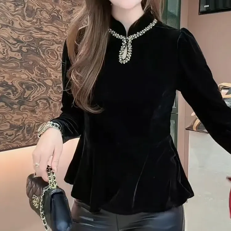 爆款法式风带钉珠丝绒长袖衬衫小众感修身显瘦