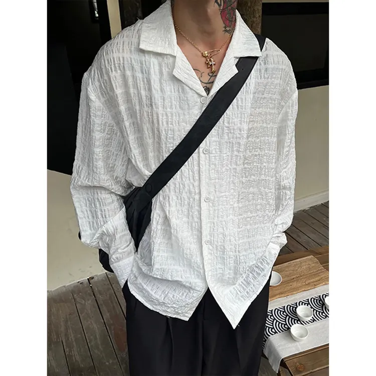 老钱风白色古巴领长袖衬衫男款高级感痞帅秋季肌理感雅痞衬衣外套