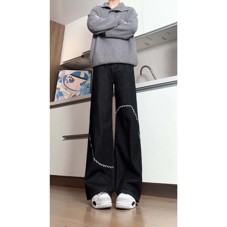 小众刺绣阔腿牛仔裤男款秋冬美式高街链条刺绣高级感直筒微喇裤