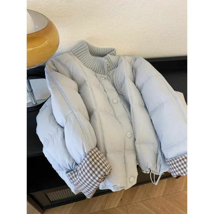 parkyeon韩系奶呼呼浅蓝色针织拼接棉服外套女冬季新款保暖棉衣