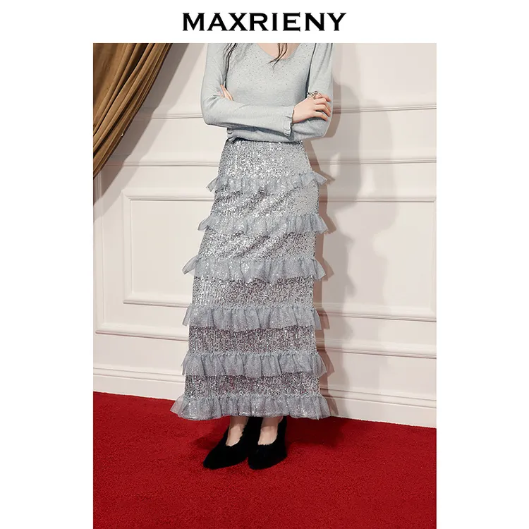 MAXRIENY轻奢气质亮片半身裙25冬款层叠直筒蛋糕裙年末晚会穿搭