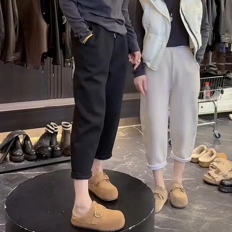 秋冬新款大码高腰抽绳休闲裤女梨形宽松显瘦九分束脚裤黑色直筒裤