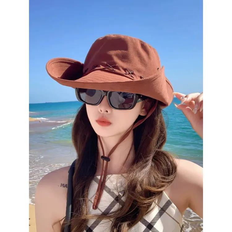 网红帽子女夏季登山户外西部牛仔遮阳防晒太阳帽显脸小渔夫帽大檐