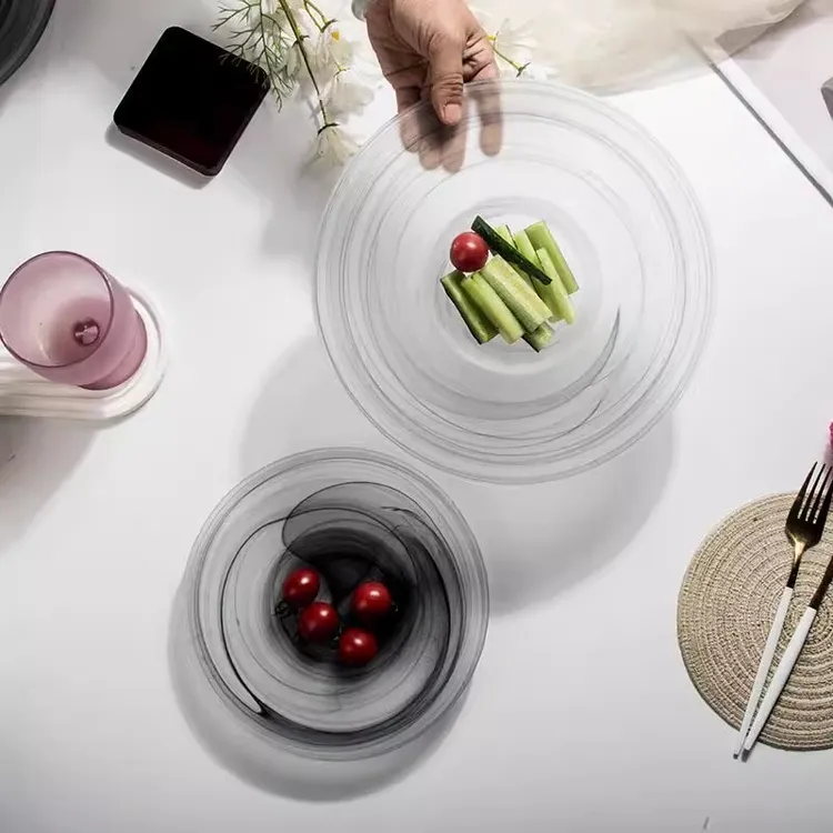 西餐餐盘彩色玻璃水果盘草帽碟酒店餐具大号沙拉碗冷面冷菜意面盘