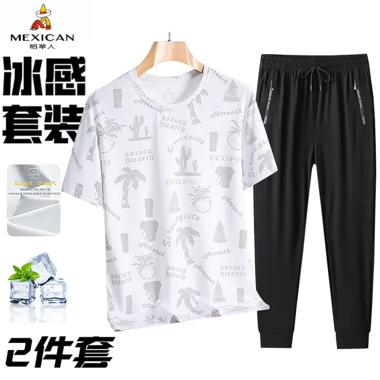 稻草人T恤 爸爸装夏季商务短袖宽松中年半袖轻薄透气印花圆领长裤