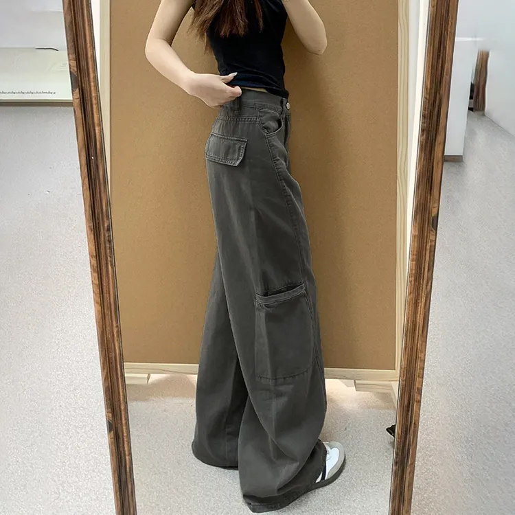 美式复古灰色工装裤女夏新款设计感垂感显瘦阔腿宽松直筒牛仔裤子