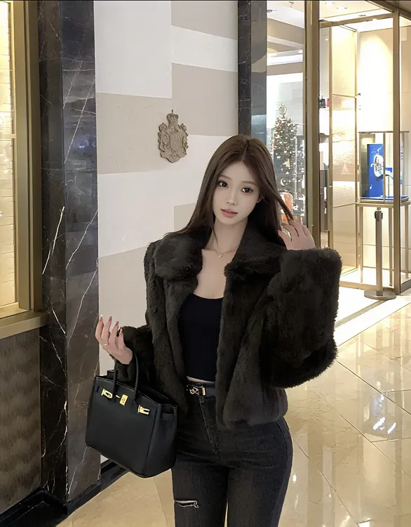 2025新兔毛长袖短款秋冬季插肩袖女短外套轻奢韩版氛围感出片