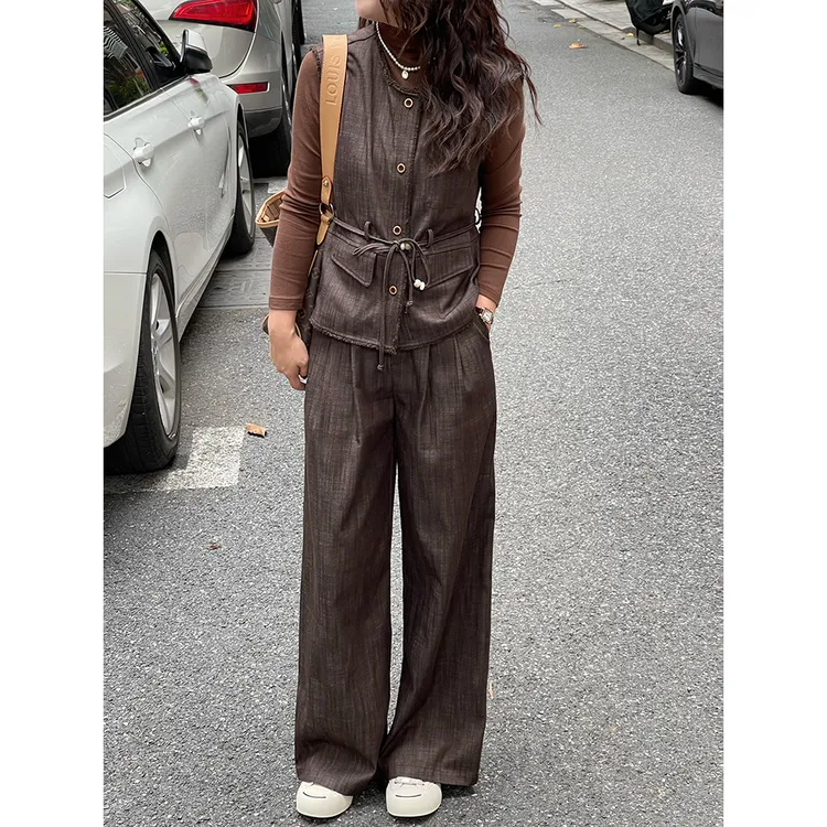 WenWen小个子2025秋韩时尚套装长袖T马甲阔腿裤显瘦三件套4282