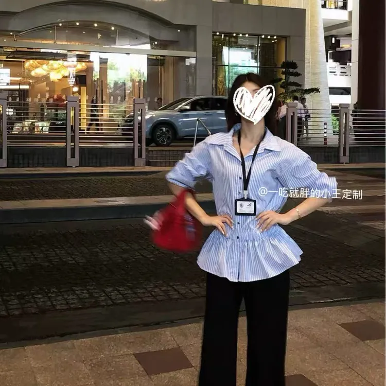 大码学院风秋季常规款休闲风条纹格子衬衫韩版秋季小众