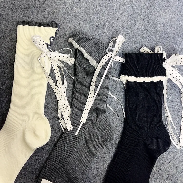 轻奢饰品袜春秋款女士中筒袜个性小众抽绳绑带韩版学院风