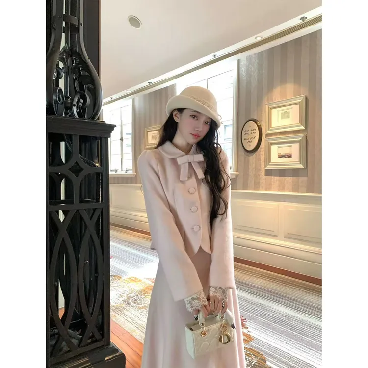 丁满满推荐【粉樱少女】冬粉色毛呢收腰外套高腰半裙套装251382