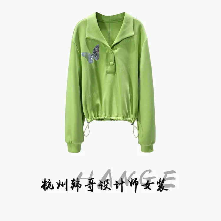 【韩哥女装】2025秋冬新品《青竹》碧山绿蝴蝶珠片绣翻领卫衣5520-K4